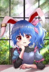 Rule 34 | 1girl, adapted costume, alternate hairstyle, animal ears, blue dress, blue hair, blush, commentary request, day, dress, earclip, elbow rest, elbows on table, grimace, hair ribbon, hand on own cheek, hand on own face, head rest, high collar, highres, indoors, kayon (touzoku), light rays, long sleeves, looking at viewer, one side up, parted lips, puffy short sleeves, puffy sleeves, rabbit ears, ribbon, seiran (touhou), shirt under dress, short hair, short sleeves, sitting, solo, sunbeam, sunlight, sweatdrop, table, touhou, window