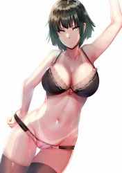 Rule 34 | 1girl, arm up, armpits, arms at sides, bikini tan, black bra, black hair, black legwear, bow, bow bra, bra, breasts, cameltoe, cleavage, collarbone, cowboy shot, dutch angle, female focus, fubuki (one-punch man), gluteal fold, green eyes, groin, hand in panties, hews, lace, lace-trimmed bra, lace trim, large breasts, looking at viewer, navel, one-punch man, panties, parted lips, pink bow, pink lips, pink panties, short hair, simple background, solo, stomach, sweat, tan, tanline, thigh gap, underwear, underwear only, white background