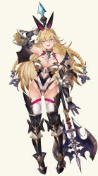 Rule 34 | 1girl, animal ears, aqua eyes, arm at side, arm behind head, armor, armored boots, axe, battle axe, beige background, blonde hair, boots, braid, breasts, cleavage cutout, clothing cutout, gluteal fold, halterneck, highleg, highleg leotard, highres, holding, holding axe, holding weapon, large breasts, leotard, long hair, official art, open mouth, rabbit ears, rise of girls, simple background, solo, standing, thigh boots, thighhighs, tokopi, weapon, white background