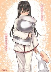 Rule 34 | 10s, 1girl, alternate hairstyle, artist name, black hair, brown eyes, character doll, doll, hair down, holding pillow, kantai collection, long hair, looking at viewer, pajamas, pillow, sensen, simple background, solo, t-head admiral, tears, translated, zuikaku (kancolle)