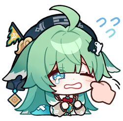 Rule 34 | 1girl, ahoge, chibi, chinese clothes, commentary, english commentary, flag, furrowed brow, green hair, hand on another&#039;s cheek, hand on another&#039;s face, hat, honkai: star rail, honkai (series), huohuo (honkai: star rail), long hair, long sleeves, lowres, official art, one eye closed, paw-shaped pupils, symbol-shaped pupils, tears, transparent background, yin yang