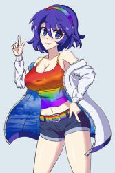 Rule 34 | 1girl, alternate costume, aohadapeach, belt, blue eyes, blue hair, breasts, casual, cleavage, commentary, denim, denim shorts, english commentary, grey background, hair between eyes, hairband, highres, jacket, large breasts, looking at viewer, multicolored hairband, multicolored shirt, pointing, pointing down, pointing up, short hair, shorts, simple background, sky print, smile, solo, tenkyuu chimata, touhou, white jacket