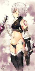 Rule 34 | 1girl, 2017, artist name, bad id, bad pixiv id, bandaged arm, bandages, black gloves, black panties, black thighhighs, breasts, cleavage cutout, clothing cutout, crop top, dagger, dated, dual wielding, expressionless, fate/apocrypha, fate (series), fingerless gloves, gloves, hair between eyes, halterneck, highres, hip focus, holding, holding weapon, jack the ripper (fate/apocrypha), knife, looking to the side, midriff, mugipot, navel, panties, short hair, signature, silver hair, single fingerless glove, small breasts, solo, thighhighs, thighs, underwear, unsheathed, weapon, yellow eyes