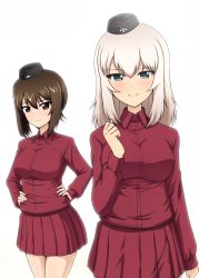 Rule 34 | blue eyes, blush, brown eyes, brown hair, closed mouth, commentary request, diesel-turbo, dress shirt, girls und panzer, grey hair, hands on own hips, itsumi erika, kuromorimine military uniform, long sleeves, looking at viewer, medium hair, military, military uniform, miniskirt, nishizumi maho, no jacket, partial commentary, pleated skirt, red shirt, red skirt, shirt, short hair, simple background, skirt, smile, standing, uniform, white background, wing collar