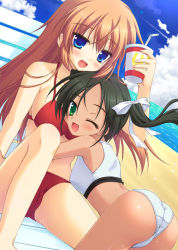 Rule 34 | 00s, 2girls, beach, bikini, black hair, blue eyes, blush, cameltoe, charlotte e. yeager, cloud, cup, day, fang, francesca lucchini, green eyes, hug, moribe (rabumanyo), multiple girls, ocean, one eye closed, open mouth, outdoors, sky, strike witches, swimsuit, twintails, water, wet, wink, world witches series