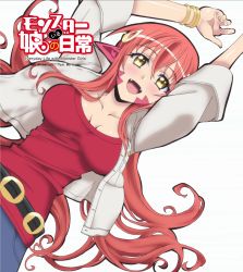 Rule 34 | 10s, 1girl, breasts, female focus, highres, lamia, large breasts, long hair, looking at viewer, miia (monster musume), monster girl, monster musume no iru nichijou, open mouth, red hair, smile, solo, stitched, third-party edit, yellow eyes
