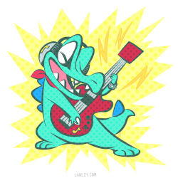Rule 34 | alternate color, commentary, commission, creature, creatures (company), electric guitar, english commentary, closed eyes, full body, game freak, gen 2 pokemon, guitar, holding, holding instrument, instrument, music, nintendo, no humans, playing instrument, pokemon, pokemon (creature), shiny pokemon, solo, standing, totodile, versiris