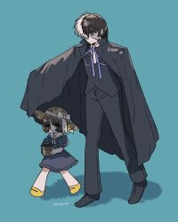 Rule 34 | 1boy, 1girl, :3, artist name, black coat, black footwear, black hair, black jack (character), black jack (series), black pants, black vest, blue background, blue dress, blue ribbon, bob cut, bow, bright pupils, brown eyes, brown hair, brown hat, child, closed mouth, coat, coat on shoulders, collared shirt, dress, enugani05, film grain, flower pot, frilled dress, frills, full body, hair bow, hair over one eye, hat, hat bow, highres, holding, holding flower pot, loafers, long sideburns, mary janes, multicolored hair, multiple hair bows, neck ribbon, pants, patchwork skin, pinoko, plant, potted plant, puffy short sleeves, puffy sleeves, ribbon, sailor collar, sailor dress, scar, scar on face, shirt, shoes, short hair, short sleeves, sideburns, simple background, split-color hair, sun hat, thick eyebrows, twitter username, two-tone hair, vest, walking, white bow, white hair, white pupils, white ribbon, white sailor collar, white shirt, wing collar, yellow footwear