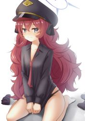 Rule 34 | 1girl, asuteru, bad id, bad twitter id, black legwear, black panties, blue archive, blush, clothes pull, coat, unworn coat, embarrassed, halo, hat, highres, iroha (blue archive), military hat, necktie, no pants, panties, pulled by self, red hair, red necktie, seiza, shirt pull, simple background, sitting, skindentation, skirt, unworn skirt, unworn socks, underwear