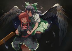 Rule 34 | 2girls, absurdres, animal ears, arm cannon, behind another, bird wings, black bow, black hair, black legwear, black wings, blouse, blunt bangs, bow, braid, cape, cat ears, closed eyes, collared shirt, feathers, frilled skirt, frills, green bow, green skirt, hair between eyes, hair bow, half-closed eye, head kiss, highres, kaenbyou rin, kiss, kissing hair, long hair, long sleeves, multiple girls, multiple tails, nekomata, one eye closed, open mouth, puffy short sleeves, puffy sleeves, red eyes, red hair, reiuji utsuho, shirt, short sleeves, signature, skirt, skirt set, smile, spread wings, starry sky print, tail, thighhighs, third eye, touhou, twin braids, weapon, white cape, white shirt, wings, zettai ryouiki, zuosi zhichu