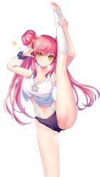 Rule 34 | absurdres, ass, barefoot, bow, breasts, character request, crop top, double bun, hair bun, hair ornament, highres, lalazyt, medium breasts, midriff, navel, panties, pink hair, smile, soles, split, standing, standing on one leg, standing split, stomach, tokyo necro, tokyo necro suicide mission, twintails, underwear, yellow bow, yellow eyes