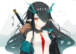 Rule 34 | 1girl, absurdres, arknights, black hair, black jacket, dragon girl, dragon horns, dragon tail, dusk (arknights), earrings, green horns, hair over one eye, highres, horns, jacket, jewelry, looking at viewer, multicolored hair, pointy ears, red eyes, solo, streaked hair, sword, tail, tassel, tassel earrings, weapon, zxc960129