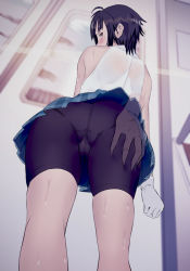 Rule 34 | 1girl, ahoge, arm at side, ass, ass grab, bad id, bad pixiv id, bare shoulders, bike shorts, black shorts, blurry, blush, brown eyes, chikan, clenched hand, cloud, deep skin, depth of field, disembodied hand, door, from behind, from below, gloves, grabbing another&#039;s ass, groping, legs apart, looking back, miniskirt, original, panties under bike shorts, pantylines, plaid, plaid skirt, pleated skirt, profile, see-through, shirt, short hair, shorts, shorts under skirt, skirt, sky, sleeveless, solo focus, standing, sweat, tazuma (u283), train, train interior, transparent, upskirt, white gloves, white shirt