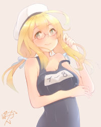 Rule 34 | 10s, ahoge, blonde hair, blue eyes, breasts, cleavage, glasses, hair ribbon, hat, i-8 (kancolle), kantai collection, large breasts, low twintails, name tag, one-piece swimsuit, paayan (hagakinorock54), peaked cap, red-framed eyewear, ribbon, sailor hat, school swimsuit, semi-rimless eyewear, strap slip, swimsuit, twintails, under-rim eyewear