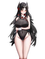 Rule 34 | 1girl, absurdres, arknights, arm under breasts, black hair, black leotard, black necktie, blush, breasts, covered navel, detached collar, dishui tangni, groin, highleg, highleg leotard, highres, horns, ines (arknights), large breasts, leotard, long hair, looking at viewer, mole, mole under eye, necktie, parted lips, playboy bunny, simple background, solo, symbol-shaped pupils, very long hair, white background, wrist cuffs, yellow eyes