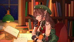 Rule 34 | book, bookshelf, bow, bowtie, brown hair, chair, detached sleeves, gloves, green headwear, hat, highres, hojo studio, holding, holding quill, ink bottle, jennyy van 7, medium hair, night, night sky, paper, pointy ears, quill, red bow, red bowtie, sim chan, sitting, sky, star (sky), virtual youtuber, window