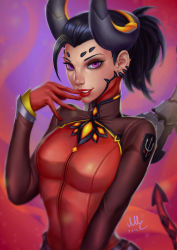Rule 34 | 1girl, 2016, alternate costume, artist name, black hair, bodysuit, breasts, dark persona, dated, demon girl, demon horns, demon tail, devil mercy, ear piercing, eyelashes, eyeliner, facial mark, fang, finger to mouth, forehead mark, gloves, hand to own mouth, hand up, high ponytail, highres, horns, image sample, leotard, lips, long sleeves, looking at viewer, makeup, mascara, mechanical wings, medium breasts, mercy (overwatch), nose, overwatch, overwatch 1, piercing, ponytail, purple eyes, red gloves, red lips, sciamano240, short hair, signature, smile, solo, tail, teeth, turtleneck, upper body, wings