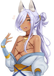 Rule 34 | 10s, 1boy, akagi kurage, animal ears, bare shoulders, blush, bridal gauntlets, collarbone, commentary request, dark-skinned male, dark skin, eyelashes, facial mark, fox ears, gundam, gundam build divers, hair between eyes, hair ornament, half updo, hand up, harness, heart, highres, long hair, looking at viewer, male focus, nipples, off shoulder, robe, shahryar (gundam build divers), sidelocks, silver hair, simple background, smile, solo, standing, trap, white background, yellow eyes