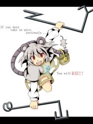 Rule 34 | 1girl, akatsubon, animal ears, female focus, grey hair, hard-translated, highres, holding, holding with tail, jewelry, letterboxed, mouse (animal), mouse ears, mouse tail, nazrin, pendant, prehensile tail, red eyes, short hair, solo, tail, third-party edit, touhou, translated, white background