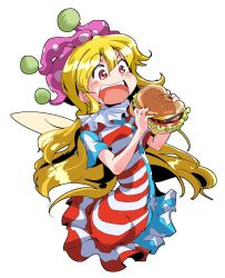 Rule 34 | 1girl, american flag dress, blonde hair, blush, burger, cheese, clownpiece, dress, eating, fairy wings, food, hat, highres, jester cap, long hair, neck ruff, open mouth, polka dot, red eyes, salad, shinapuu, short dress, short sleeves, simple background, solo, star (symbol), star print, striped, teeth, tomato, touhou, upper body, white background, wings