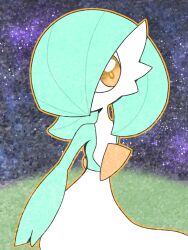 Rule 34 | 1girl, alternate color, arm at side, blue hair, blue skin, bob cut, colored skin, creatures (company), female focus, flat chest, game freak, gardevoir, gen 3 pokemon, grass, hair over one eye, highres, looking at viewer, multicolored skin, night, nintendo, no mouth, one eye covered, orange eyes, orange outline, outdoors, pokemon, pokemon (creature), purple sky, shiny pokemon, short hair, sky, solo, sparkle, standing, star (sky), two-tone skin, white skin, yuri (fl0werspace)