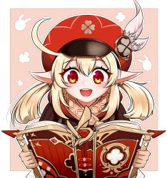 Rule 34 | 1girl, absurdres, ahoge, backpack, bag, blonde hair, blush, book, dress, eyelashes, genshin impact, gloves, hair between eyes, hat feather, highres, holding, holding book, klee (genshin impact), long sleeves, low twintails, open mouth, pegasus arts, pointy ears, red dress, red eyes, red headwear, solo, twintails, upper body