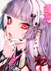 Rule 34 | 1girl, blunt bangs, character request, copyright request, ear piercing, earrings, flower, hair flower, hair ornament, highres, jewelry, kayahara, looking at viewer, nail polish, open mouth, original, piercing, ponytail, portrait, purple hair, red eyes, ring, tongue, tongue out, white background