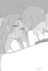 Rule 34 | 10s, 2girls, alternate costume, antenna hair, bare shoulders, blanket, blush, dated, day, expressionless, eye contact, from above, greyscale, hair between eyes, half-closed eyes, holding hands, jintsuu (kancolle), kantai collection, koruri, long hair, looking at another, lying, messy hair, monochrome, multiple girls, naka (kancolle), on back, on side, on stomach, parted bangs, parted lips, pillow, profile, short hair, sunlight, tareme, twitter username, under covers, upper body, waking up, yuri