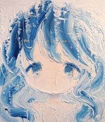 Rule 34 | 1girl, absurdres, acrylic paint (medium), blue hair, closed mouth, commentary request, dot mouth, dripping, highres, impasto, limited palette, long hair, looking at viewer, oda mifuu, original, painting (medium), photo (medium), portrait, sidelocks, solo, sparkle, straight-on, tareme, traditional media, wavy hair, white background