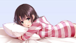 Rule 34 | 1girl, :d, bed sheet, blue background, blunt bangs, blush, breasts, brown eyes, cowboy shot, fingernails, from side, highres, hood, hood down, hoodie, hugging object, katou megumi, long sleeves, looking at viewer, looking to the side, lying, medium breasts, misaki kurehito, no pants, on stomach, open mouth, pillow, pillow hug, saenai heroine no sodatekata, scan, short hair, simple background, smile, solo, striped clothes, striped hoodie, tareme