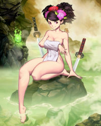 Rule 34 | 1girl, animal, arm support, barefoot, black hair, breasts, cave, cleavage, collarbone, covered navel, covering breasts, covering privates, flower, full body, genzoman, hair flower, hair ornament, hitodama, izuna jinkuro, katana, looking at viewer, medium breasts, momohime, monkey, naked towel, navel, nude, nude cover, oboro muramasa, onsen, red eyes, smile, solo, steam, stomach, sword, toned, towel, weapon