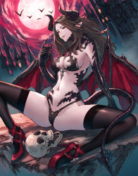 Rule 34 | arm support, bat (animal), bikini, black bikini, black thighhighs, breasts, brown hair, castle, claws, cleavage, closed mouth, demon girl, demon tail, demon wings, full moon, high heels, highres, horns, large breasts, lips, long hair, looking at viewer, makimura shunsuke, mole, mole under eye, moon, navel, night, original, pointy ears, red eyes, scales, sitting, skull, solo, spread legs, strappy heels, swimsuit, tail, thighhighs, wings