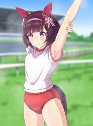 Rule 34 | 1girl, absurdres, alternate costume, animal ears, armpits, black hair, blunt bangs, blurry, blurry background, breasts, buruma, commentary request, gym uniform, hair ornament, headband, highres, hime cut, horse ears, horse girl, horse tail, nishino flower (umamusume), purple eyes, racetrack, shiodanx, sky, small breasts, smile, solo, steaming body, sweat, tail, tracen training uniform, umamusume, x hair ornament
