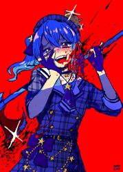 Rule 34 | 1girl, :d, artist name, axe, beret, blood, blood on face, blood splatter, blue eyes, blue hair, blush, choker, crown, dress, gloves, grey hat, hair ribbon, hand on own face, hat, hololive, hoshimachi suisei, hoshimachi suisei (1st costume), omocat, open mouth, plaid, plaid dress, red background, ribbon, side ponytail, simple background, smile, solo, star-shaped pupils, star (symbol), symbol-shaped pupils, upper body, virtual youtuber