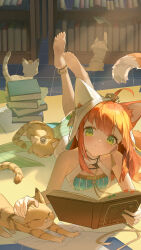 Rule 34 | 1girl, ahoge, animal, arknights, bare shoulders, barefoot, blush, book, book stack, cat, closed mouth, dress, earrings, feet, full body, green dress, green eyes, highres, holding, holding book, indoors, jewelry, legs up, light particles, long hair, looking at viewer, lying, making-of available, mi nuo li luo nan, on floor, on stomach, open book, orange hair, papyrus (arknights), petting, smile, solo, sunlight, toes