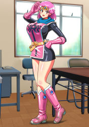 Rule 34 | bare legs, black dress, blue neckwear, boots, chair, commentary request, cosplay, day, dragon quest, dragon quest dai no daibouken, dress, elbow gloves, enkaboots, gloves, hand on own hip, headband, highres, indoors, keyboard (computer), knee boots, looking at viewer, maam, maam (cosplay), medium hair, monitor, pink dress, pink footwear, pink gloves, pink hair, red eyes, smile, table, tile floor, tiles, window