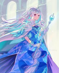 Rule 34 | 1girl, aqua gemstone, blue bow, blue dress, blue gemstone, blue hair, blunt bangs, bow, braid, cape, closed mouth, colored inner hair, dress, earrings, feet out of frame, french braid, fur-trimmed cape, fur trim, gem, glint, gloves, gown, highres, holding, holding scepter, jewelry, kyarairo, lize helesta, lize helesta (3rd costume), long hair, looking ahead, multicolored hair, nijisanji, pink eyes, princess, scepter, sleeves past elbows, solo, sparkle, standing, streaked hair, tiara, triangle earrings, twitter username, virtual youtuber, white cape, white gloves, white hair, window