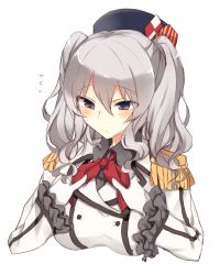 Rule 34 | 10s, 1girl, beret, blue eyes, blush, breasts, buttons, epaulettes, flying sweatdrops, frilled sleeves, frills, gloves, hair between eyes, hat, highres, jacket, kantai collection, kashima (kancolle), kerchief, kinona, large breasts, military, military uniform, red ribbon, ribbon, sidelocks, silver hair, simple background, solo, tsurime, twintails, uniform, upper body, wavy hair, white background, white gloves