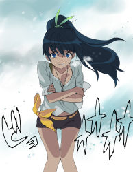 Rule 34 | 1girl, a1 (initial-g), absurdres, black hair, blue eyes, bow, clenched teeth, cold, crossed arms, female focus, ganaha hibiki, gradient background, hair bow, highres, idolmaster, idolmaster (classic), jewelry, long hair, necklace, outdoors, ponytail, shorts, snow, solo, teeth, white background, wind