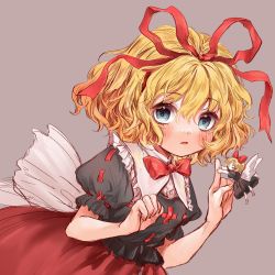 Rule 34 | 1girl, 80isiiii, black shirt, blonde hair, blue eyes, blush, bow, bowtie, breasts, frilled shirt collar, frills, grey background, hair between eyes, hair ribbon, hands up, highres, looking at viewer, medicine melancholy, open mouth, puffy short sleeves, puffy sleeves, red bow, red bowtie, red ribbon, red skirt, ribbon, shirt, short hair, short sleeves, simple background, skirt, small breasts, solo, su-san, touhou, wavy hair