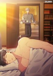 Rule 34 | absurdres, black pants, brown hair, closed eyes, collared shirt, food, highres, holding, holding tray, ilay riegrow, jeong taeui, light smile, male focus, nipples, o ssion, opening door, pants, passion (manhwa), pillow, shelf, shirt, sleeping, slippers, tray, white hair, yaoi