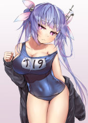 Rule 34 | 1girl, absurdres, black jacket, blue hair, blue one-piece swimsuit, blush, breasts, cleavage, collarbone, contrapposto, cowboy shot, fang, frown, gluteal fold, hair ribbon, head tilt, highres, i-19 (kancolle), jacket, kantai collection, large breasts, long hair, looking to the side, name tag, off-shoulder one-piece swimsuit, off shoulder, one-piece swimsuit, pink eyes, red eyes, removing jacket, ribbon, school swimsuit, simple background, star-shaped pupils, star (symbol), sweat, sweatdrop, swimsuit, symbol-shaped pupils, tri tails, white background, zombie mogura