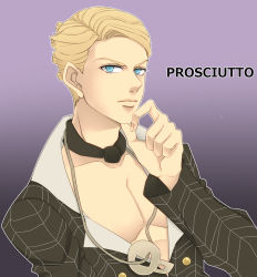 Rule 34 | 1boy, bad id, bad pixiv id, blonde hair, blue eyes, formal, hand on own chin, jewelry, jojo no kimyou na bouken, magatama, magatama necklace, male focus, meltmelo, necklace, prosciutto, solo, suit