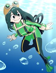 Rule 34 | 1girl, absurdres, asui tsuyu, black eyes, bodysuit, boku no hero academia, bubble, closed mouth, commentary, english commentary, full body, gloves, goggles, goggles on head, green bodysuit, green hair, hair between eyes, highres, long hair, looking to the side, nico-neko, solo, superhero costume, underwater, very long hair, white gloves