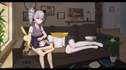 Rule 34 | 2girls, black hair, blue hair, blue one-piece swimsuit, book, bow, bronya zaychik, cake, cake slice, cellphone, clock, closed eyes, commentary request, couch, crossed bangs, drawing (object), drill hair, earrings, female focus, food, fork, grey eyes, grey hair, hair bow, hand on another&#039;s head, headpat, heart-heavenly5, hiding, highres, homu (honkai impact), honkai (series), honkai impact 3rd, indoors, jewelry, lamp, lap pillow, liliya olenyeva, long hair, looking at viewer, lying, multicolored hair, multiple girls, navel, neckerchief, nintendo switch, old school swimsuit, on side, one-piece swimsuit, peeking out, phone, photo (object), picture frame, plant, plate, pleated skirt, potted plant, rozaliya olenyeva, sailor collar, school swimsuit, school uniform, see-through, seele vollerei, serafuku, short hair, sidelocks, skirt, sleeping, sleeping on person, smartphone, smile, strawberry shortcake, swimsuit, swimsuit under clothes, tail, twin drills, two-tone hair, vase, wall clock, wallpaper (object), white legwear, window, yuri