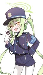 Rule 34 | 1girl, absurdres, black hat, black shirt, black shorts, blue archive, blush, cowboy shot, eggrice v, fang, gloves, green hair, green halo, halo, hat, nozomi (blue archive), highres, long hair, long sleeves, looking at viewer, open mouth, pantyhose, peaked cap, shirt, shorts, simple background, skin fang, smile, solo, twintails, white background, white gloves, white pantyhose, yellow eyes