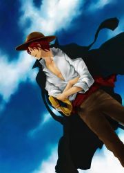 Rule 34 | 1boy, blue sky, cloud, crossed arms, hat, jacket, jacket on shoulders, male focus, one piece, open collar, outdoors, pirate, red hair, saber (weapon), sash, scar, shanks (one piece), sheath, sheathed, shirt, sky, smile, solo, standing, straw hat, sword, weapon, white shirt