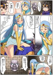 Rule 34 | 1girl, blue hair, blush, breasts, cape, circlet, cleavage, closed mouth, commentary request, dragon quest, dragon quest iii, dress, elbow gloves, gloves, imaichi, long hair, open mouth, panties, red eyes, roto (dq3), sage (dq3), smile, underwear, white panties