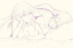Rule 34 | 1boy, 1girl, abs, bed, bed sheet, breasts, byleth (female) (fire emblem), byleth (fire emblem), dimitri alexandre blaiddyd, fire emblem, fire emblem: three houses, highres, large breasts, lying, monochrome, nintendo, pillow, swnoki