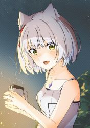 Rule 34 | 1girl, animal ears, bafarin, camisole, cat ears, chest jewel, cup, grey hair, highres, holding, holding cup, mio (xenoblade), mug, night, steam, twitter username, white camisole, xenoblade chronicles (series), xenoblade chronicles 3, yellow eyes